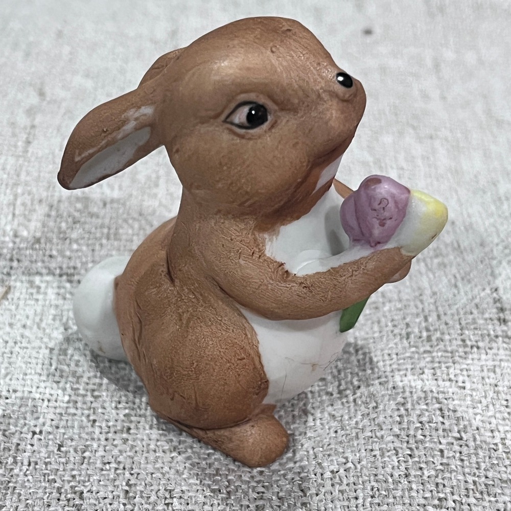 Frankel Vintage Porcelain Bunny Rabbit Figurine Brown White Flowers